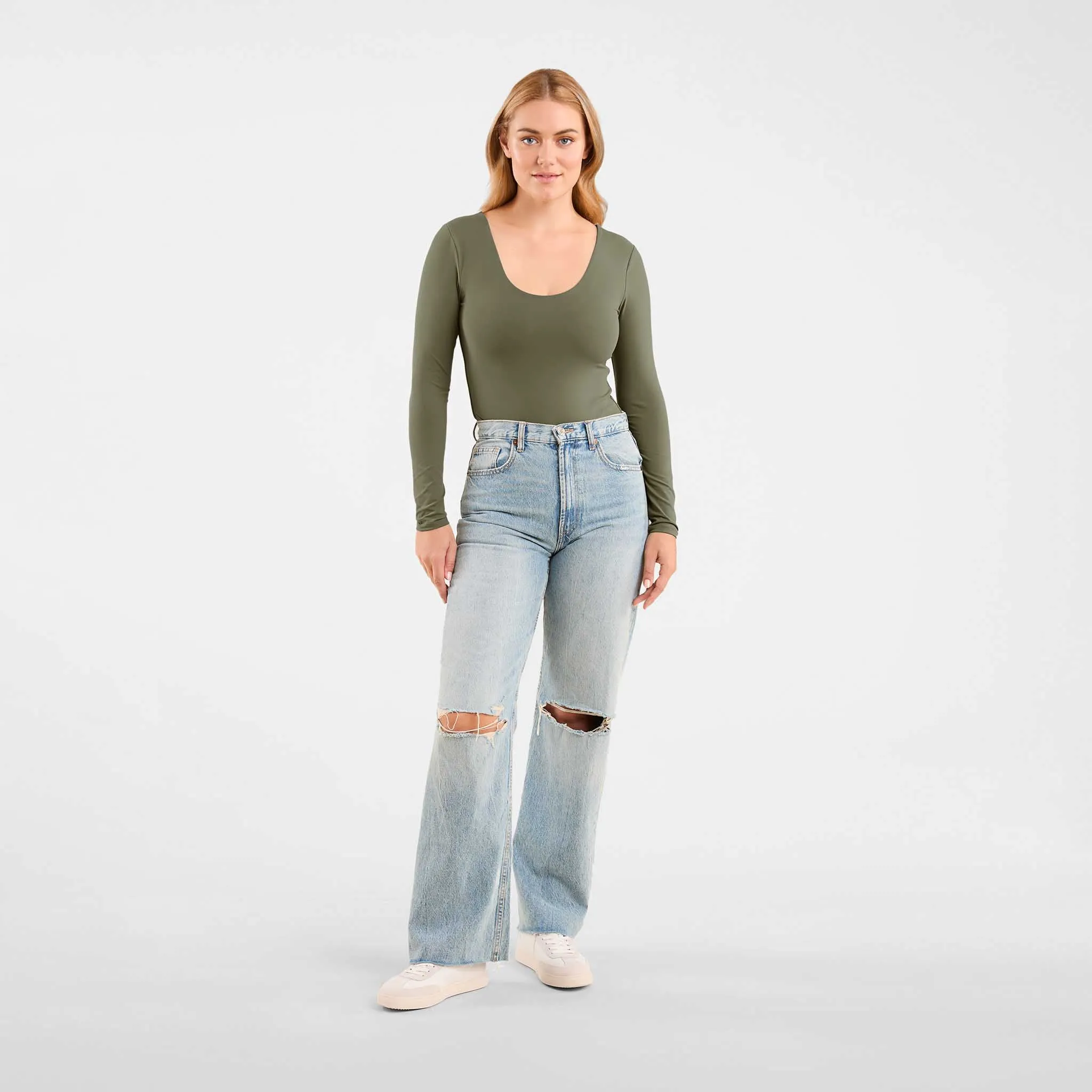 Long Sleeve Scoop Neck Bodysuit | Olive