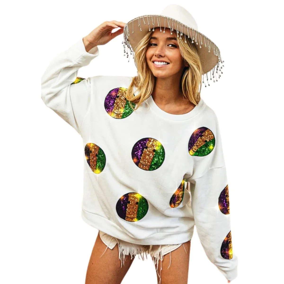 Mardi Gras Smiley Sequin Patches Sweatshirt