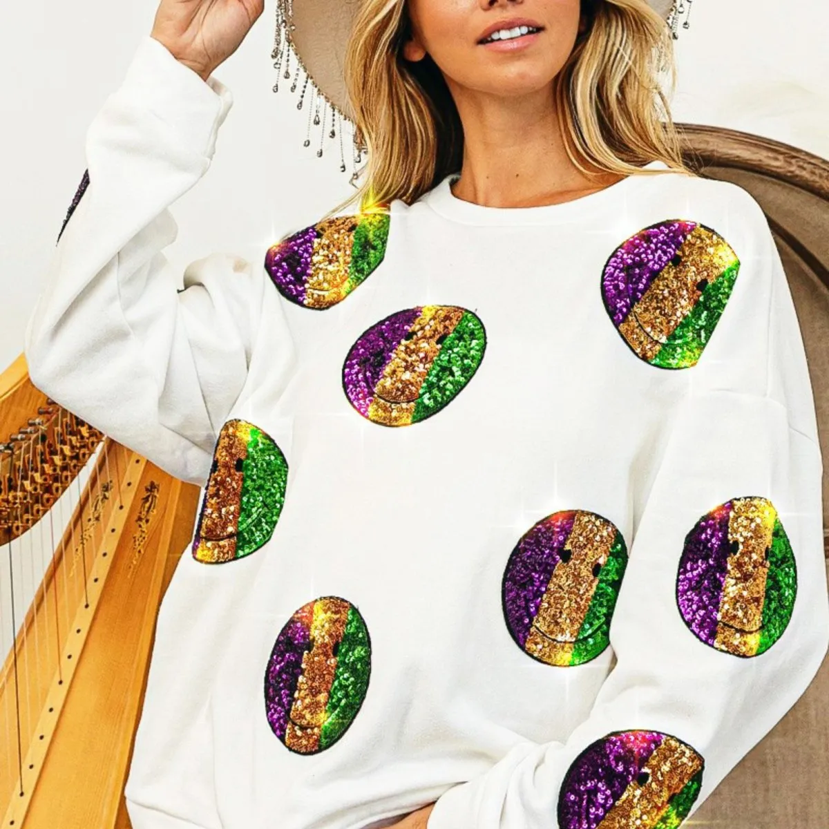 Mardi Gras Smiley Sequin Patches Sweatshirt