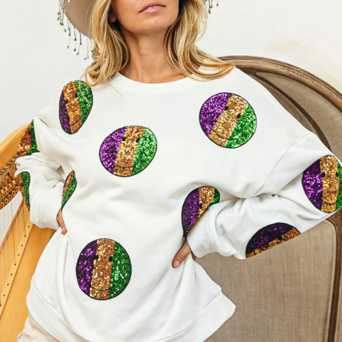 Mardi Gras Smiley Sequin Patches Sweatshirt