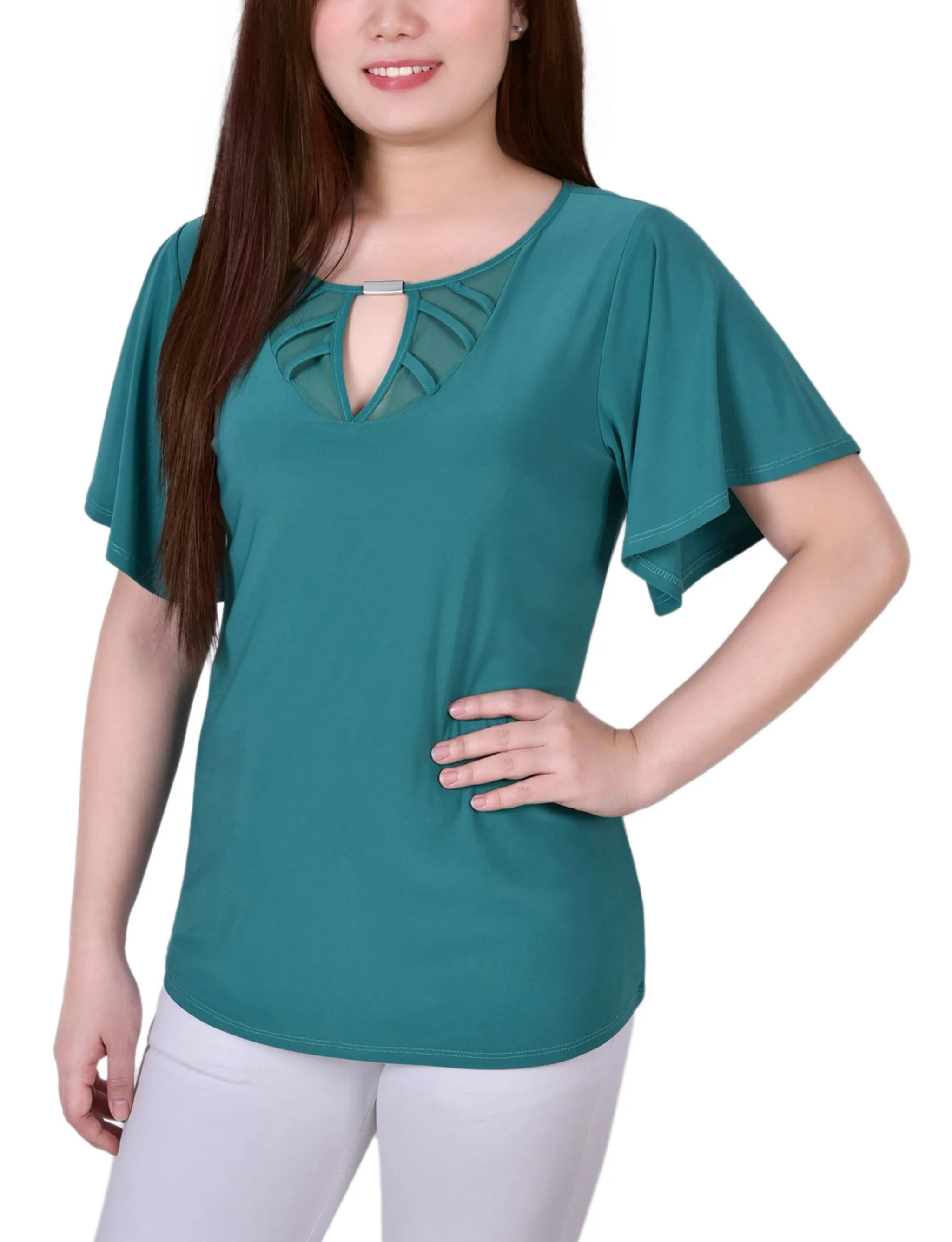 Mesh Flutter Sleeve Knit Top