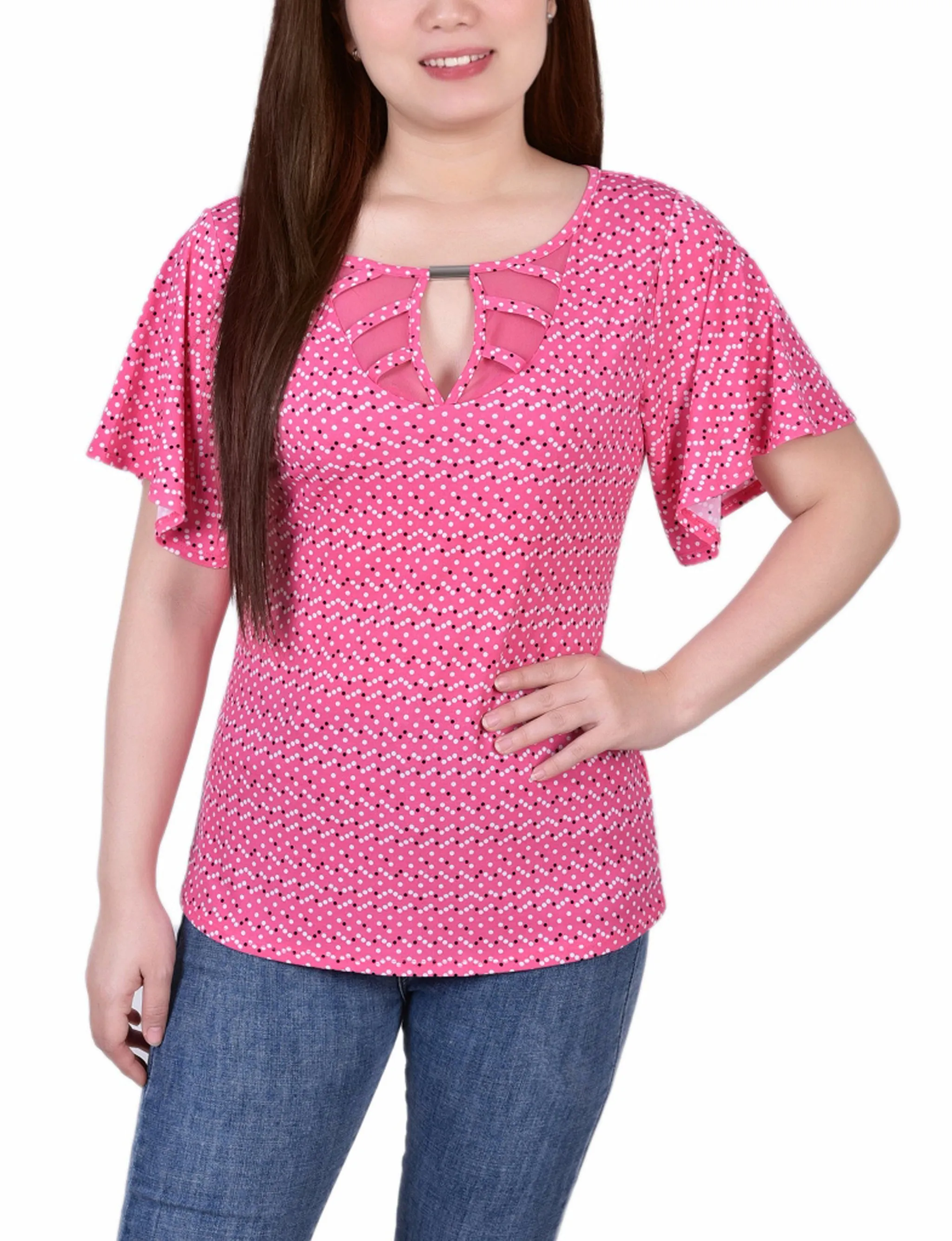 Mesh Flutter Sleeve Knit Top