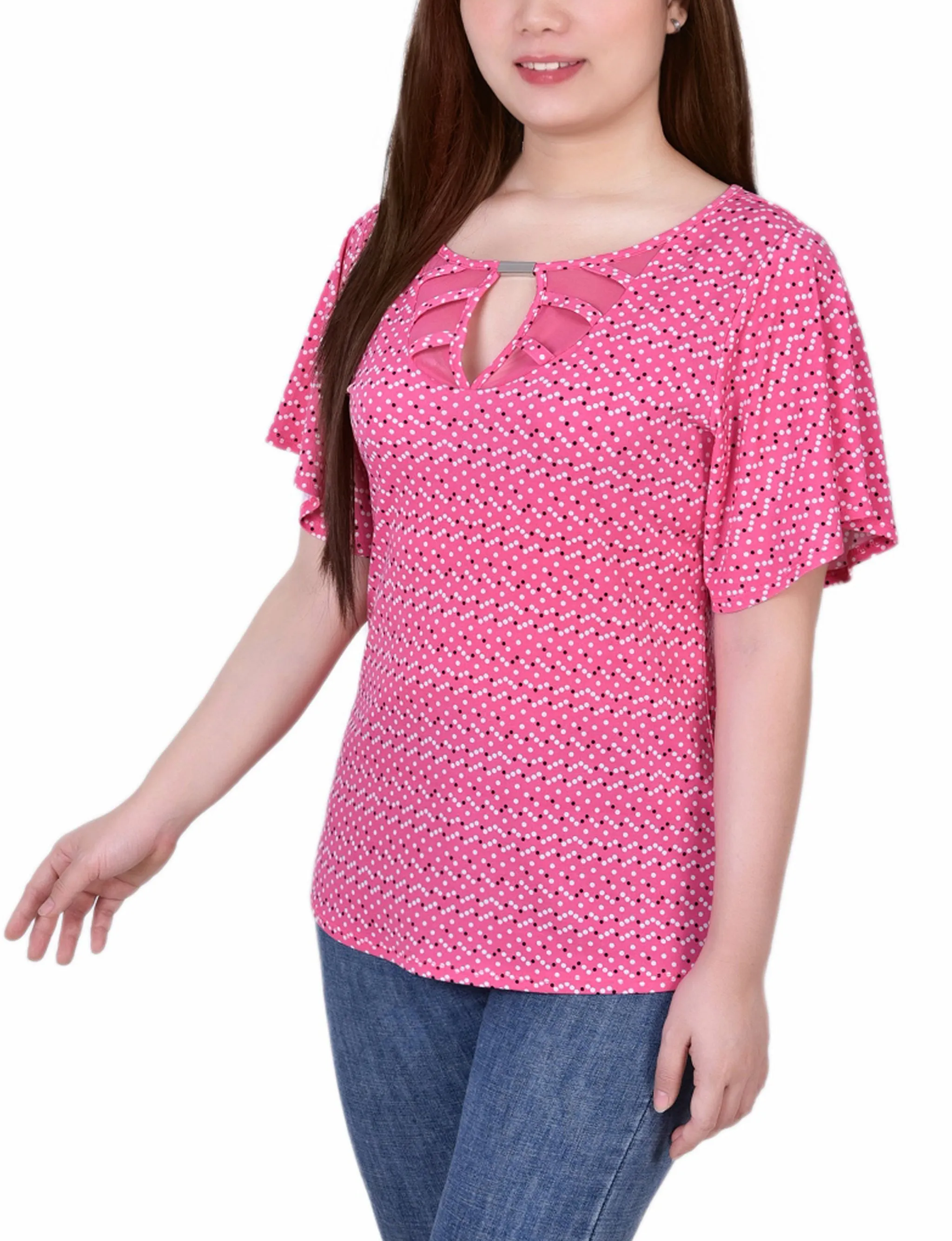 Mesh Flutter Sleeve Knit Top