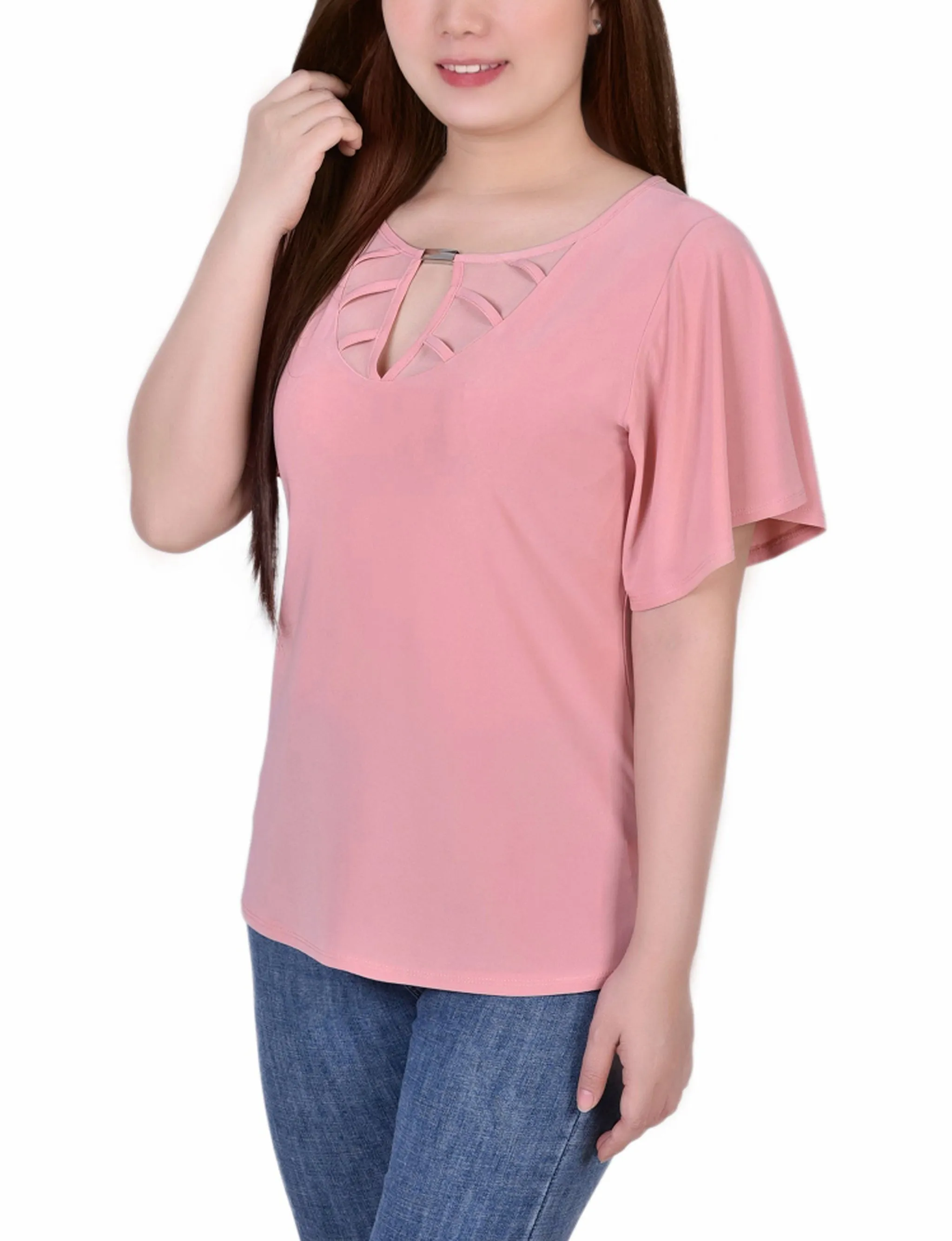 Mesh Flutter Sleeve Knit Top