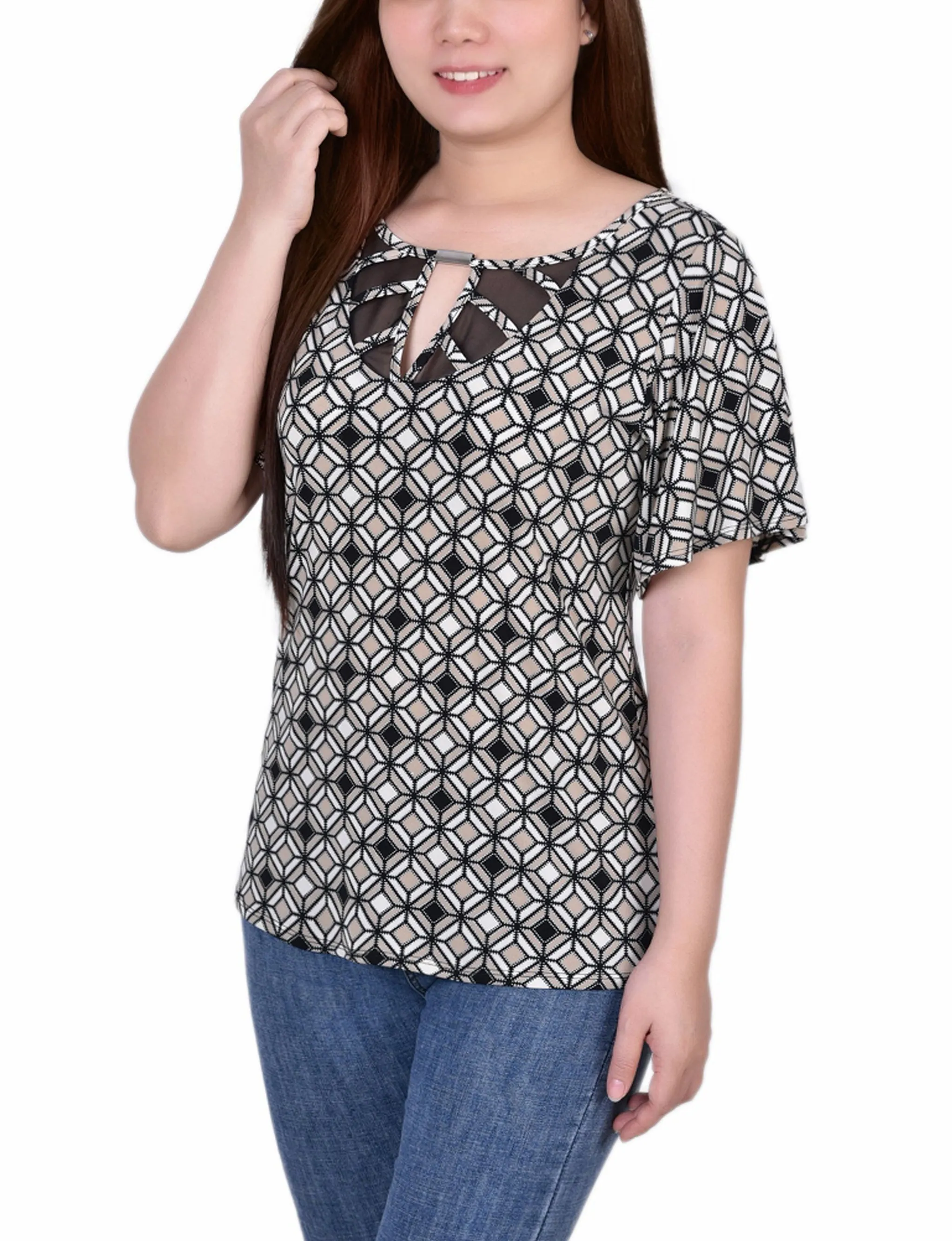 Mesh Flutter Sleeve Knit Top