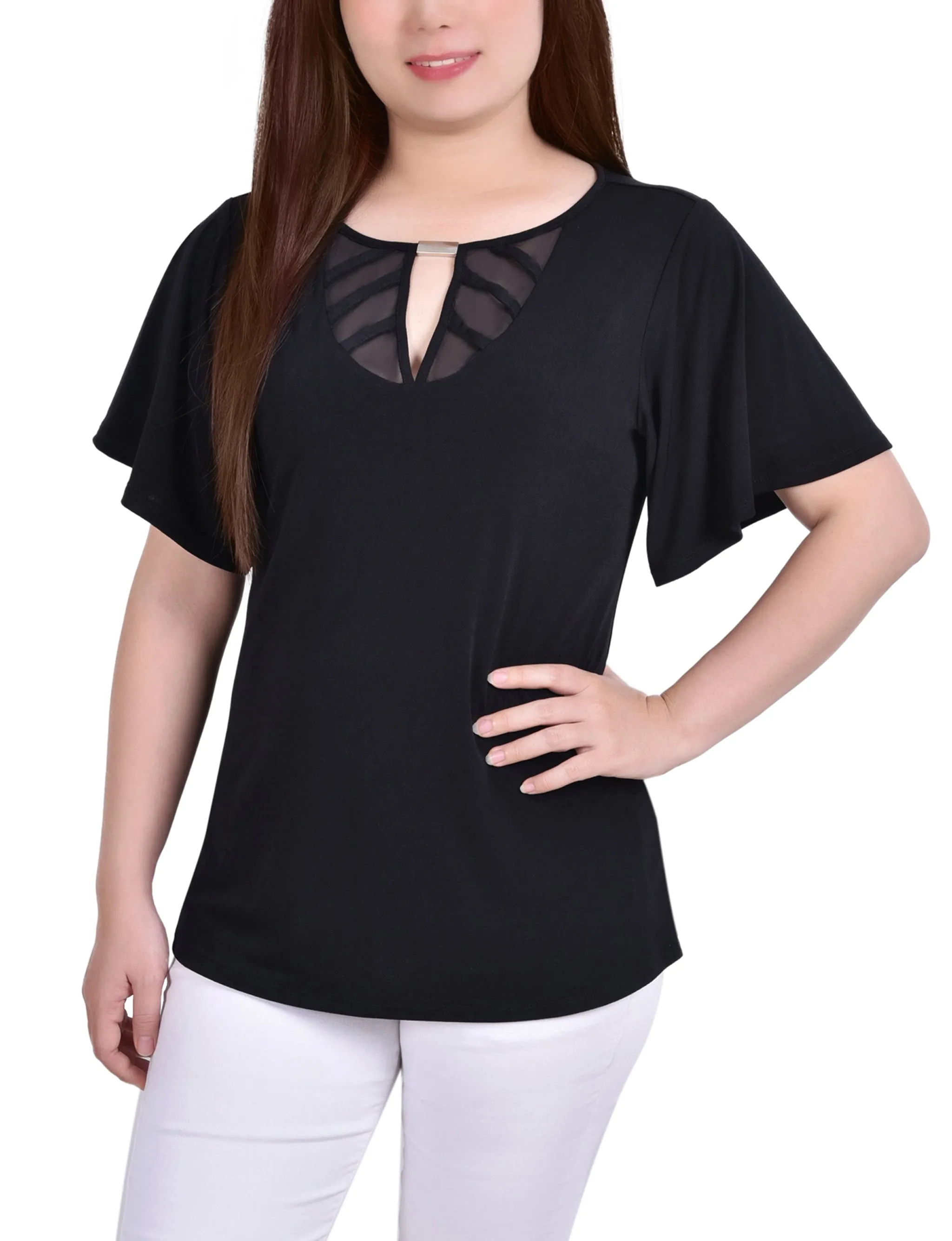 Mesh Flutter Sleeve Knit Top