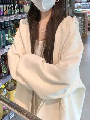 Metaversmall Loose O-neck Hooded Women's Sweatshirts Zip-up Simple Solid Color Sweet American Female Hoodies White Casual Sweatshirt