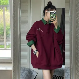 Metaversmall Wine Red Loose Fashion American Vintage Female Hoodies Autumn New Chic Pockets Contrast Color Simple Casual Women Hoodies