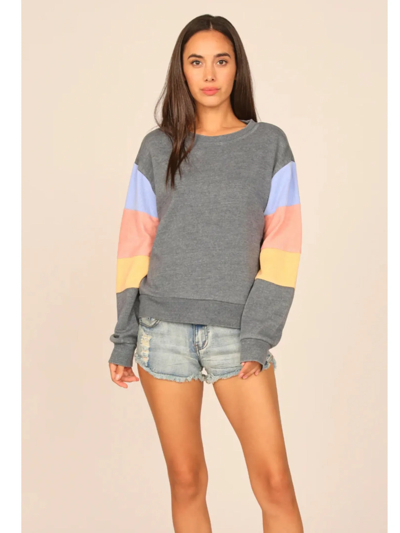 OCEAN DRIVE TIDEWATER GREY OR WHITE  W/ MULTI STRIPES BURNOUT COLORBLOCK CREWNECK