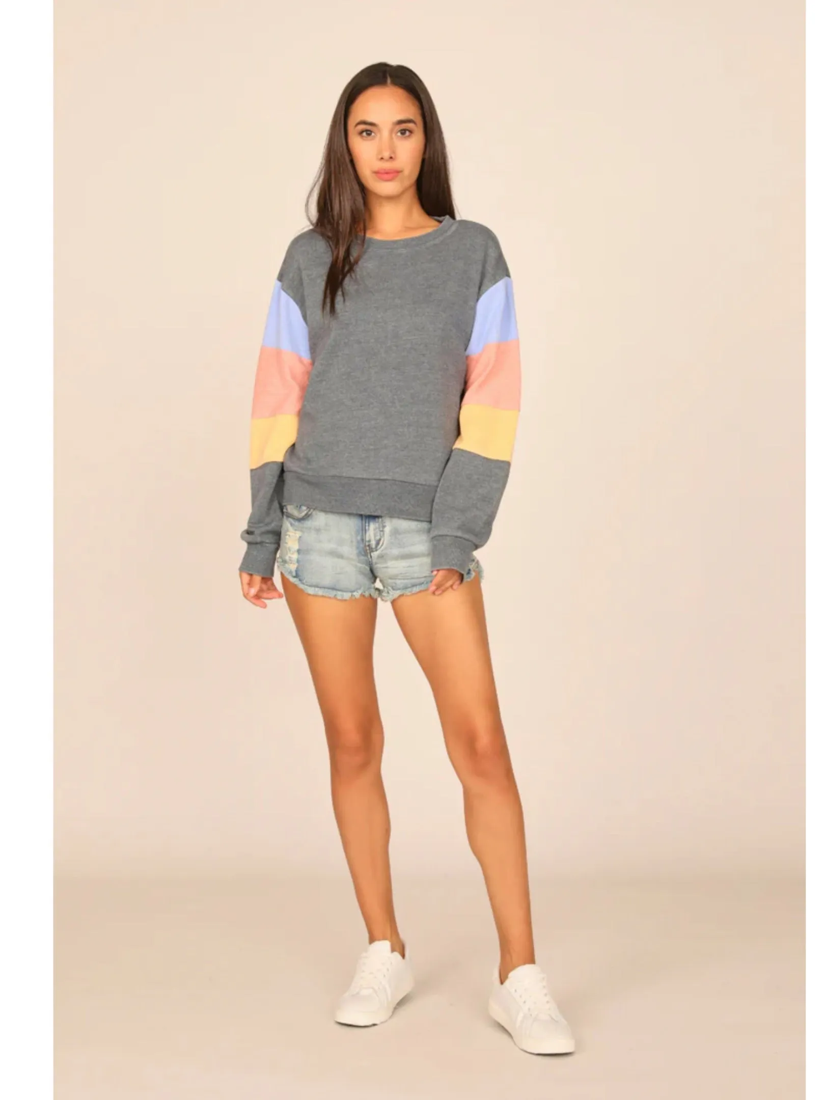 OCEAN DRIVE TIDEWATER GREY OR WHITE  W/ MULTI STRIPES BURNOUT COLORBLOCK CREWNECK