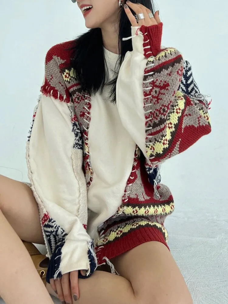 Patchwork Casual Sweater For Women Round Neck Long Sleeve Colorblock Knitting Pullover Female Autumn Clothing