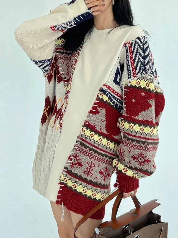 Patchwork Casual Sweater For Women Round Neck Long Sleeve Colorblock Knitting Pullover Female Autumn Clothing