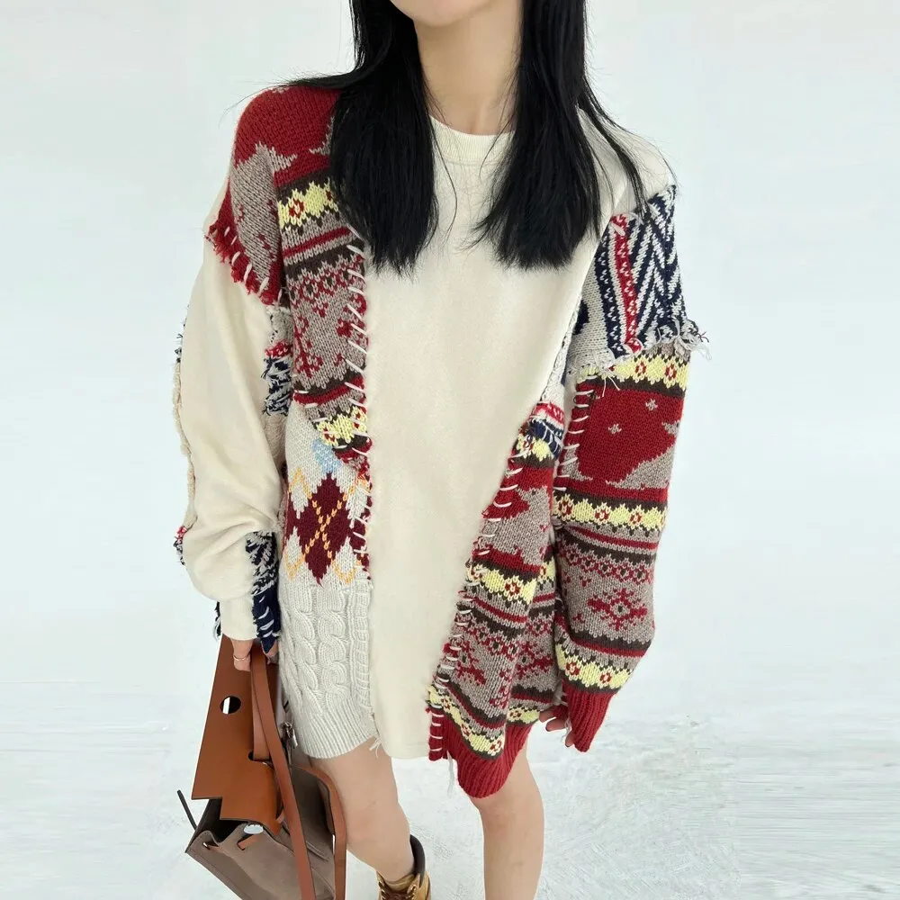 Patchwork Casual Sweater For Women Round Neck Long Sleeve Colorblock Knitting Pullover Female Autumn Clothing