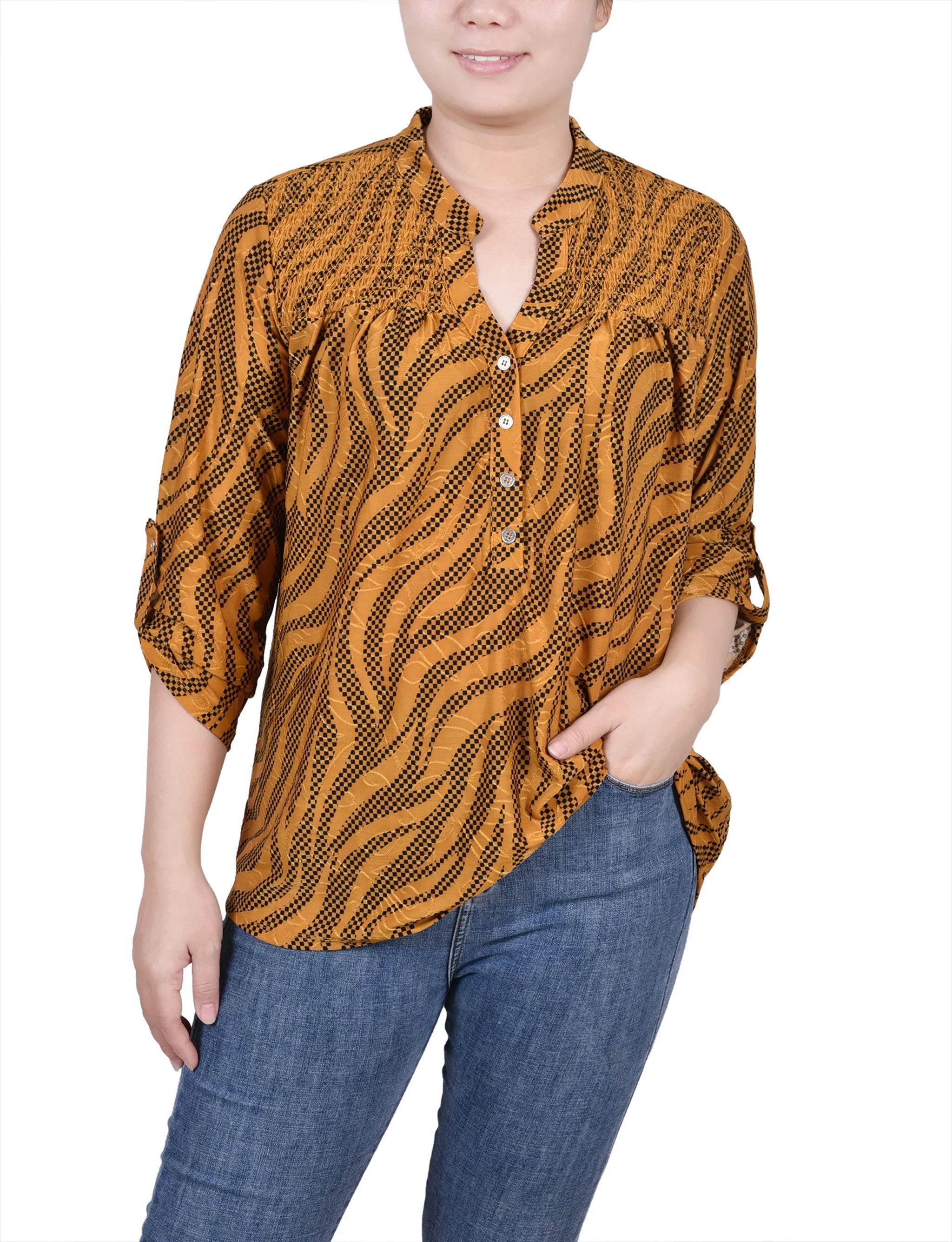 Petite 3/4 Roll Tab Sleeve Smocked-Yoke Top