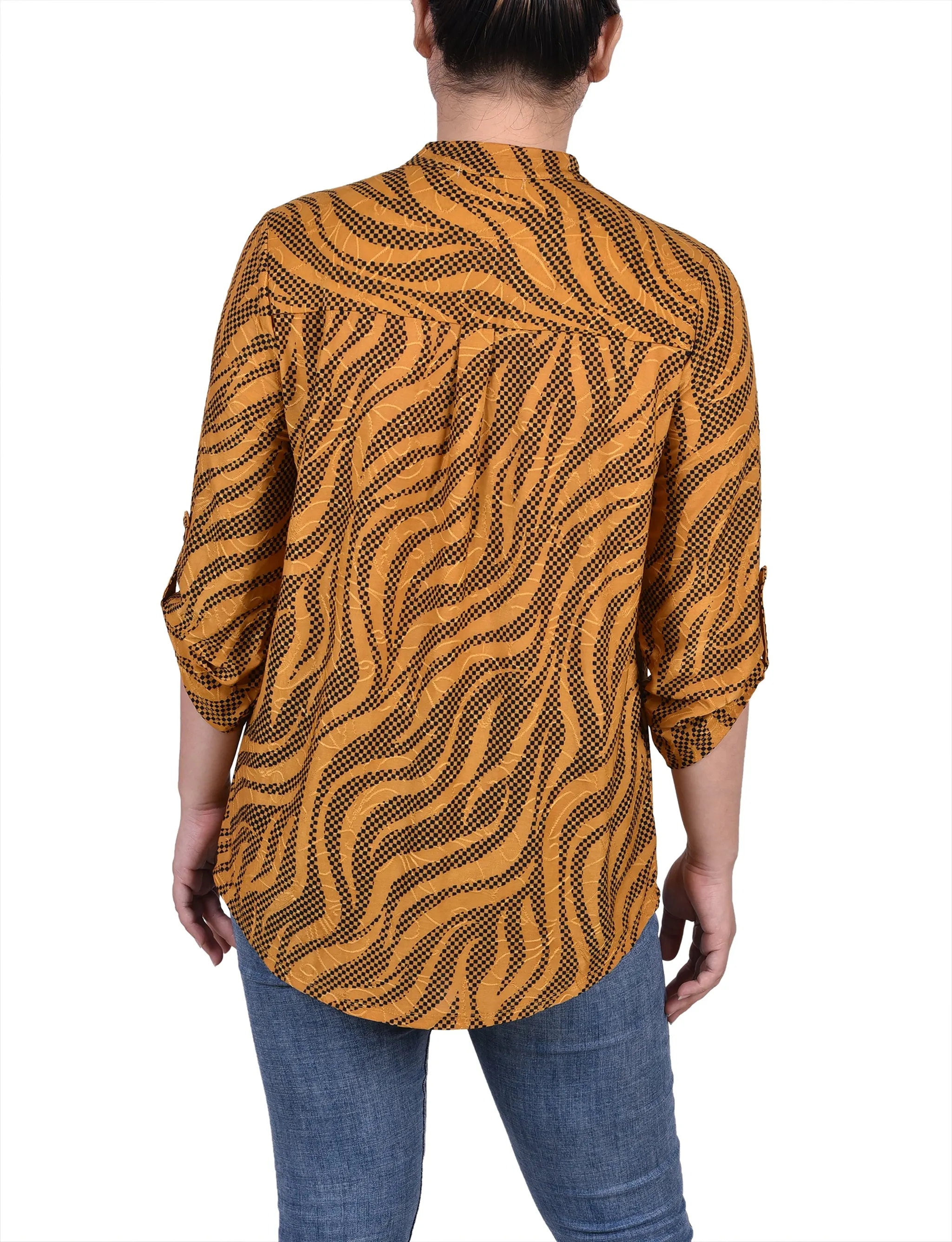 Petite 3/4 Roll Tab Sleeve Smocked-Yoke Top