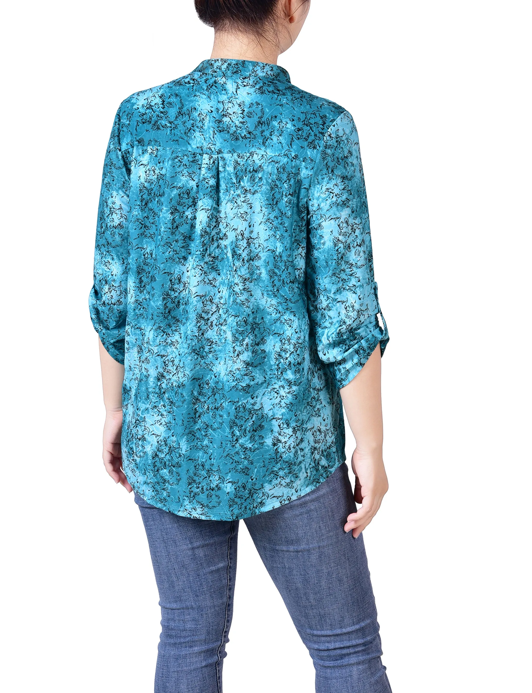 Petite 3/4 Roll Tab Sleeve Smocked-Yoke Top