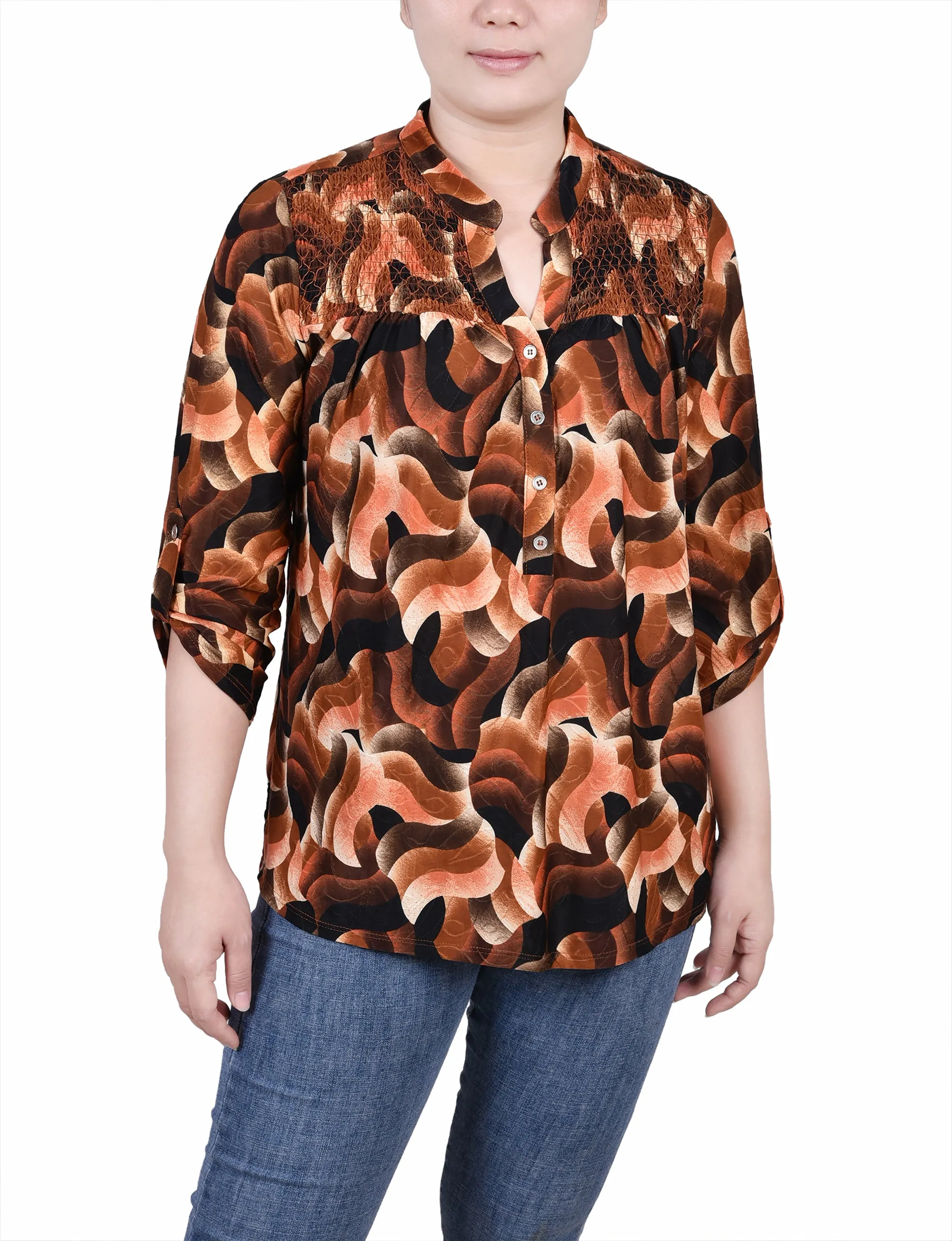 Petite 3/4 Roll Tab Sleeve Smocked-Yoke Top