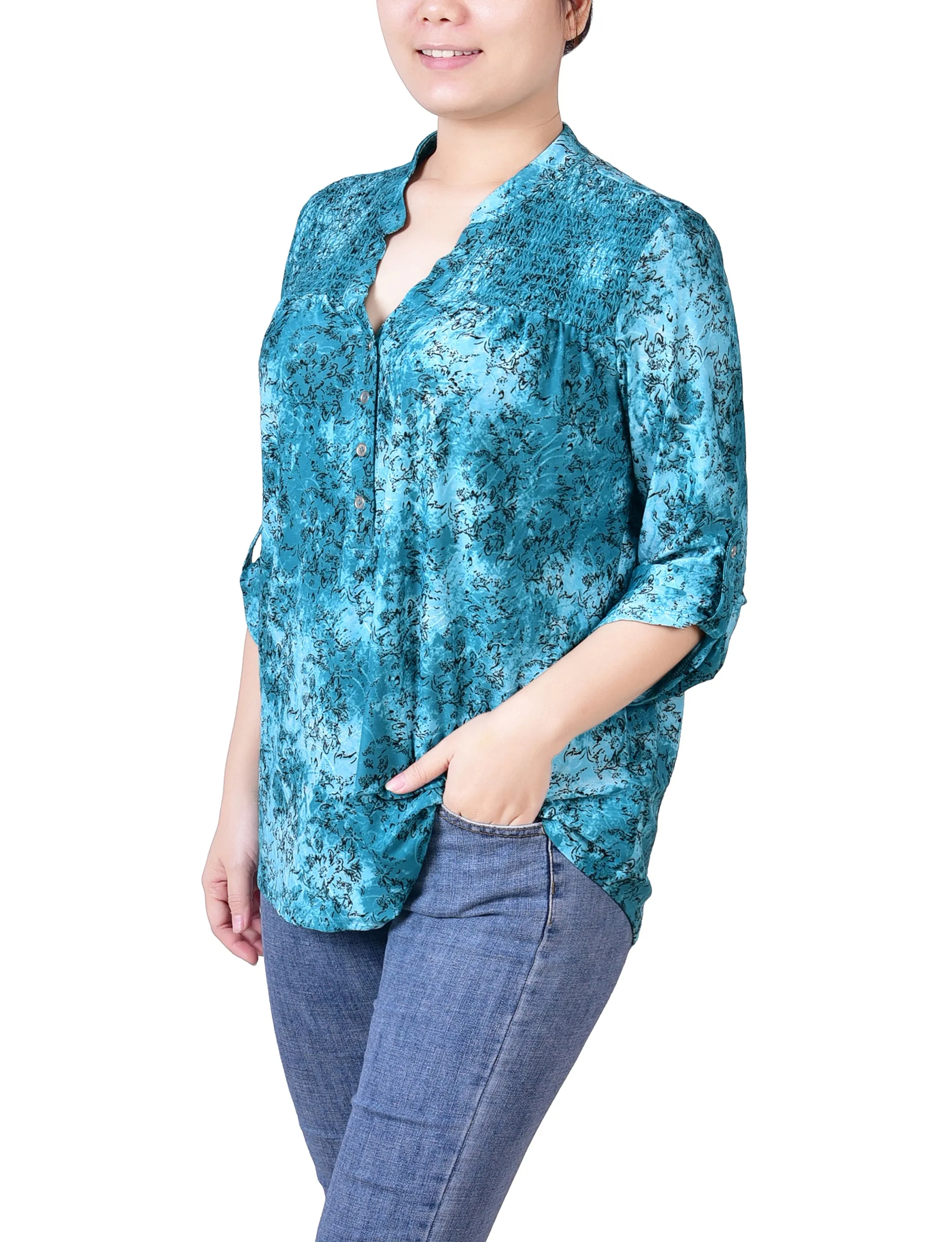Petite 3/4 Roll Tab Sleeve Smocked-Yoke Top
