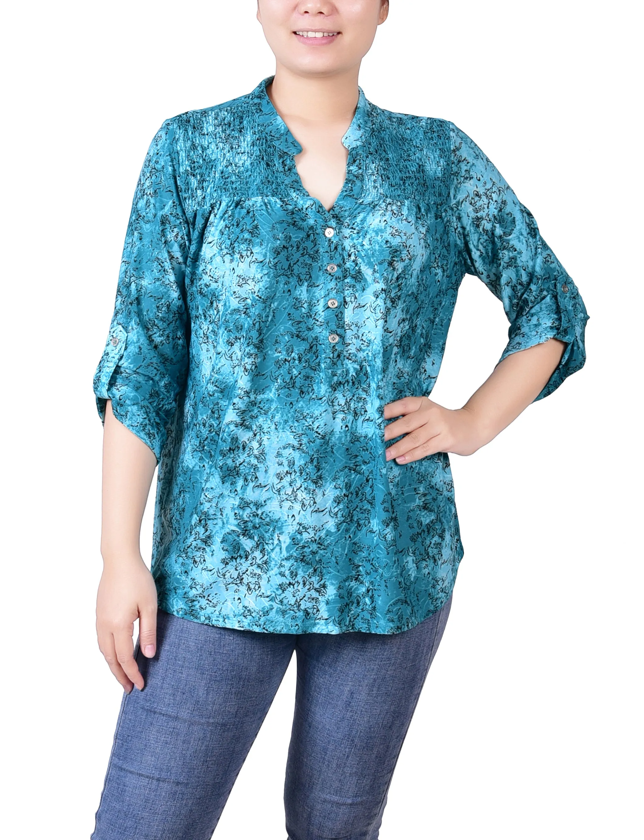 Petite 3/4 Roll Tab Sleeve Smocked-Yoke Top