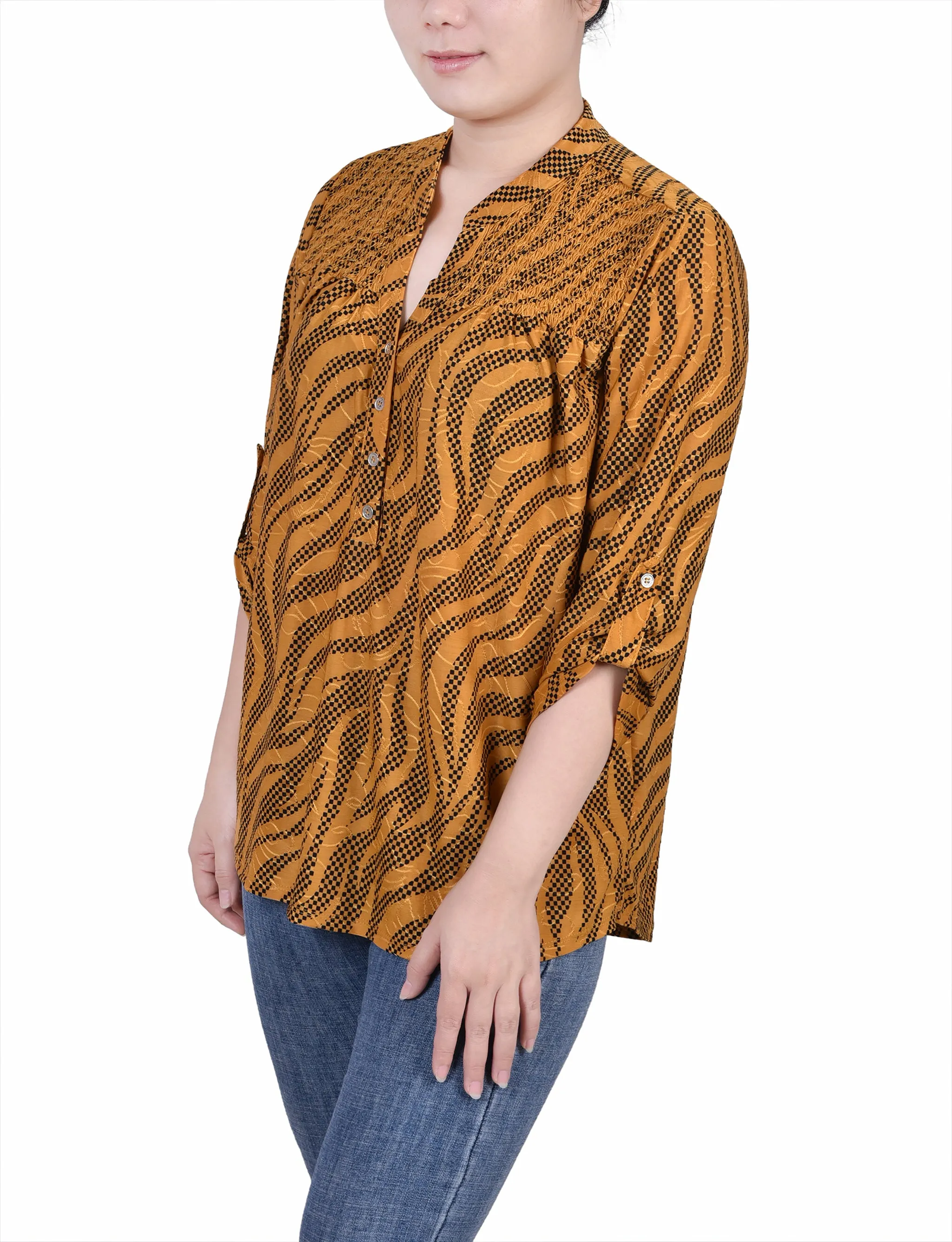 Petite 3/4 Roll Tab Sleeve Smocked-Yoke Top