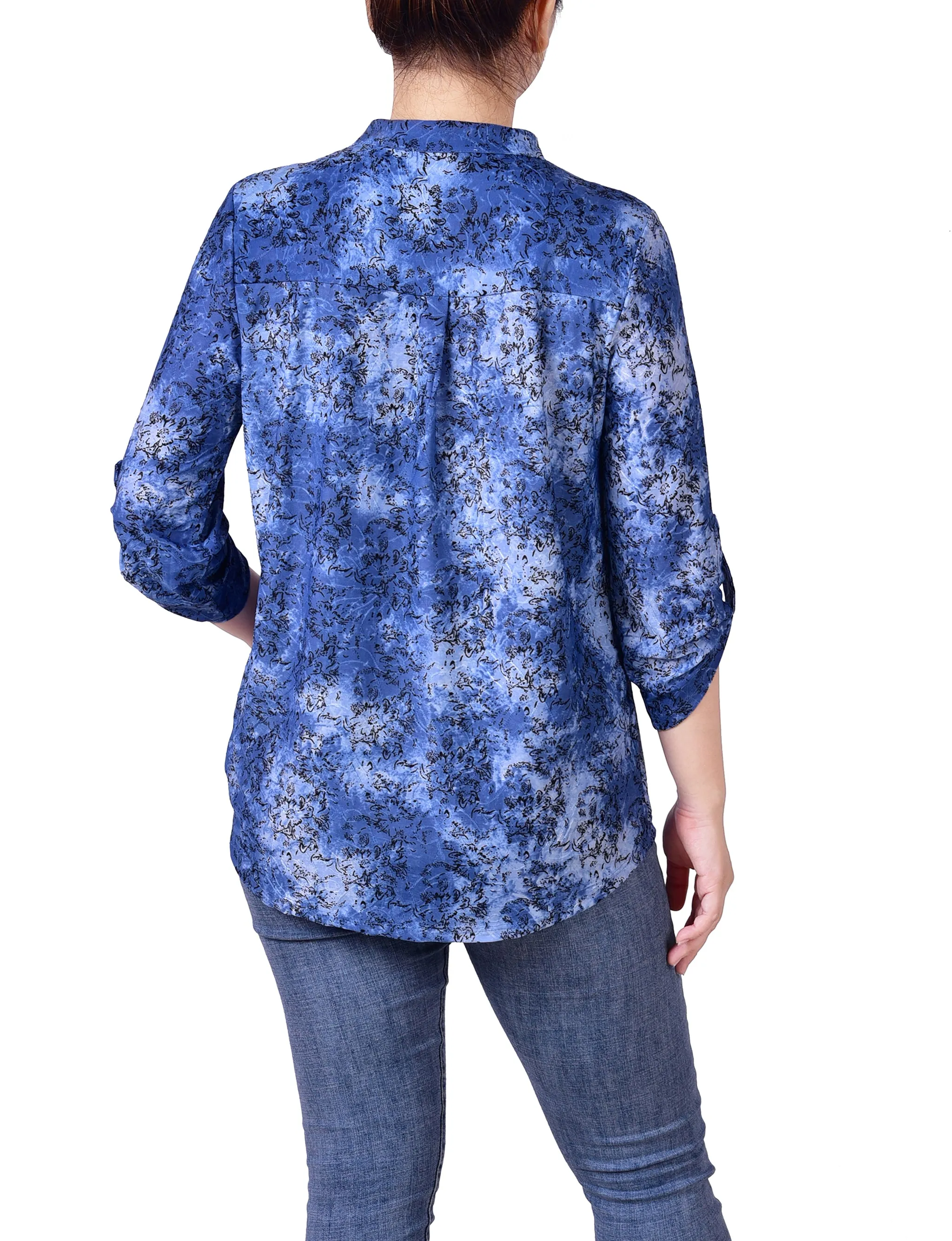 Petite 3/4 Roll Tab Sleeve Smocked-Yoke Top
