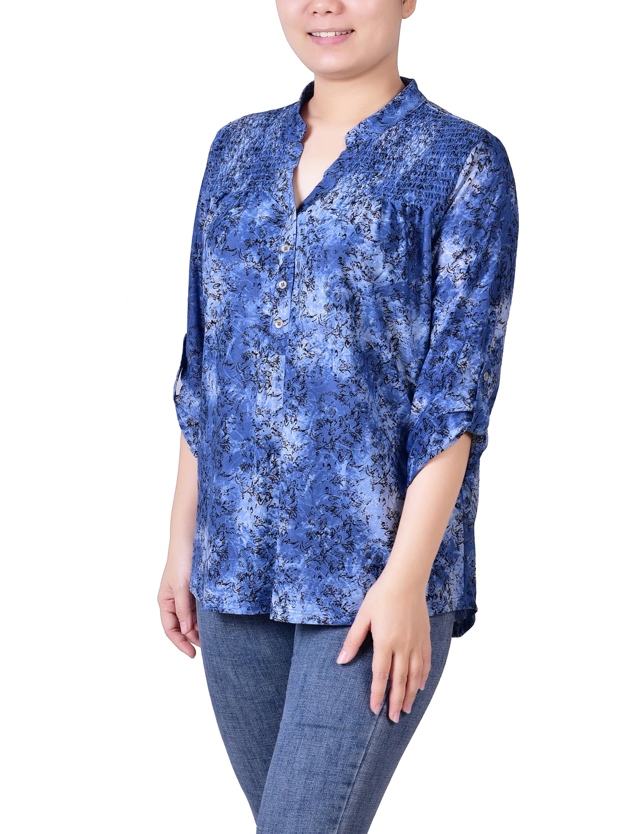 Petite 3/4 Roll Tab Sleeve Smocked-Yoke Top