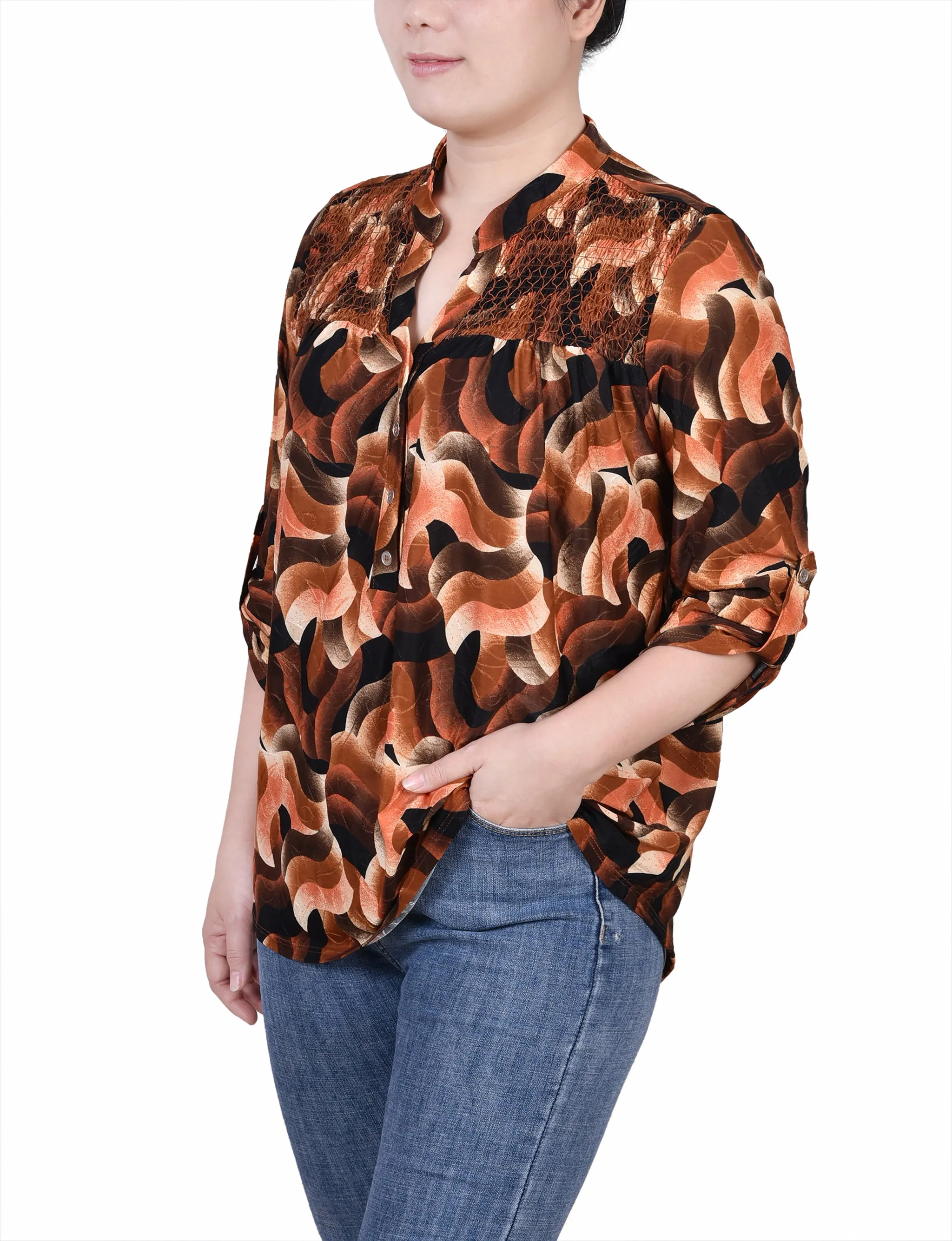 Petite 3/4 Roll Tab Sleeve Smocked-Yoke Top