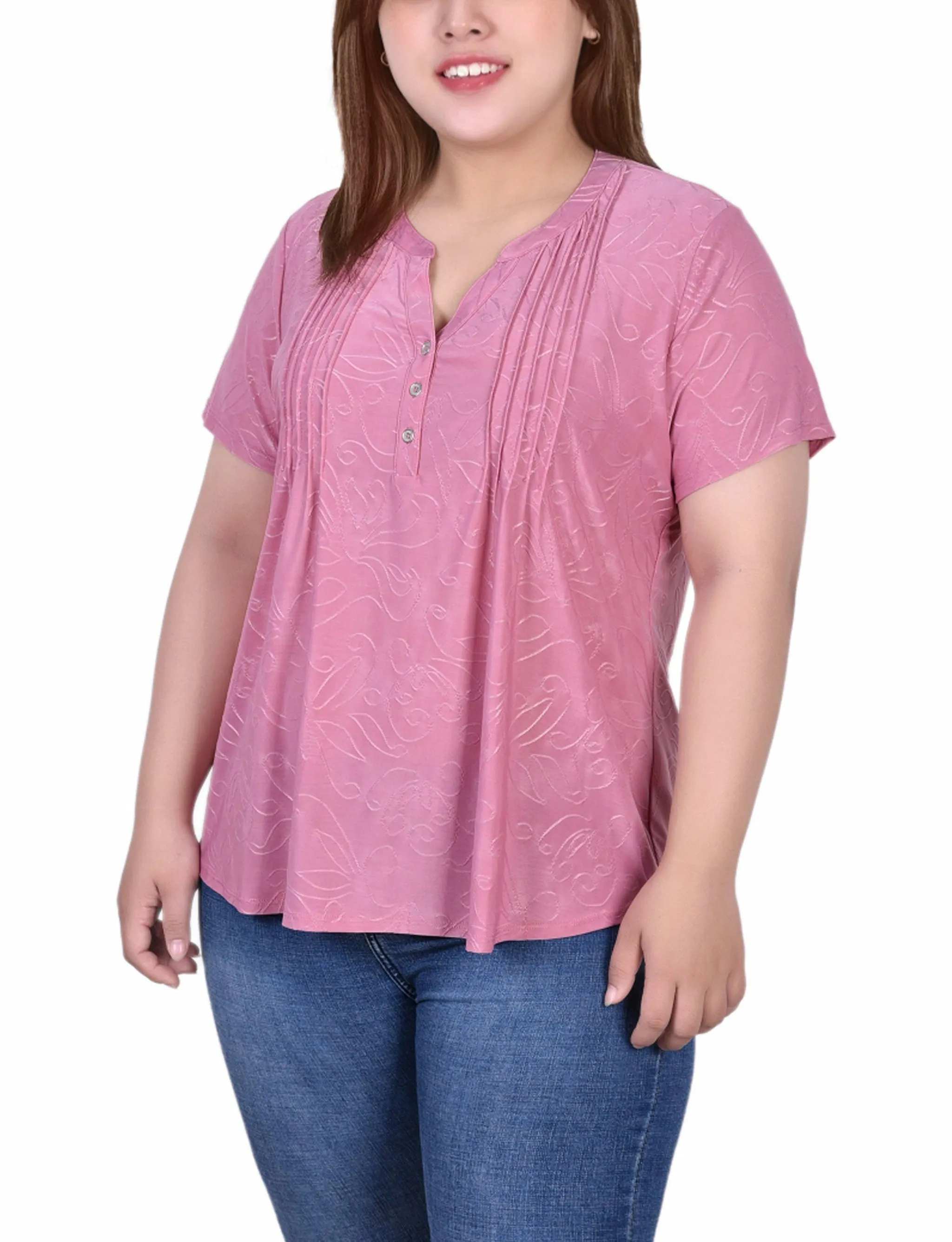 Plus Size Short Sleeve Y Neck Jacquard Knit Top