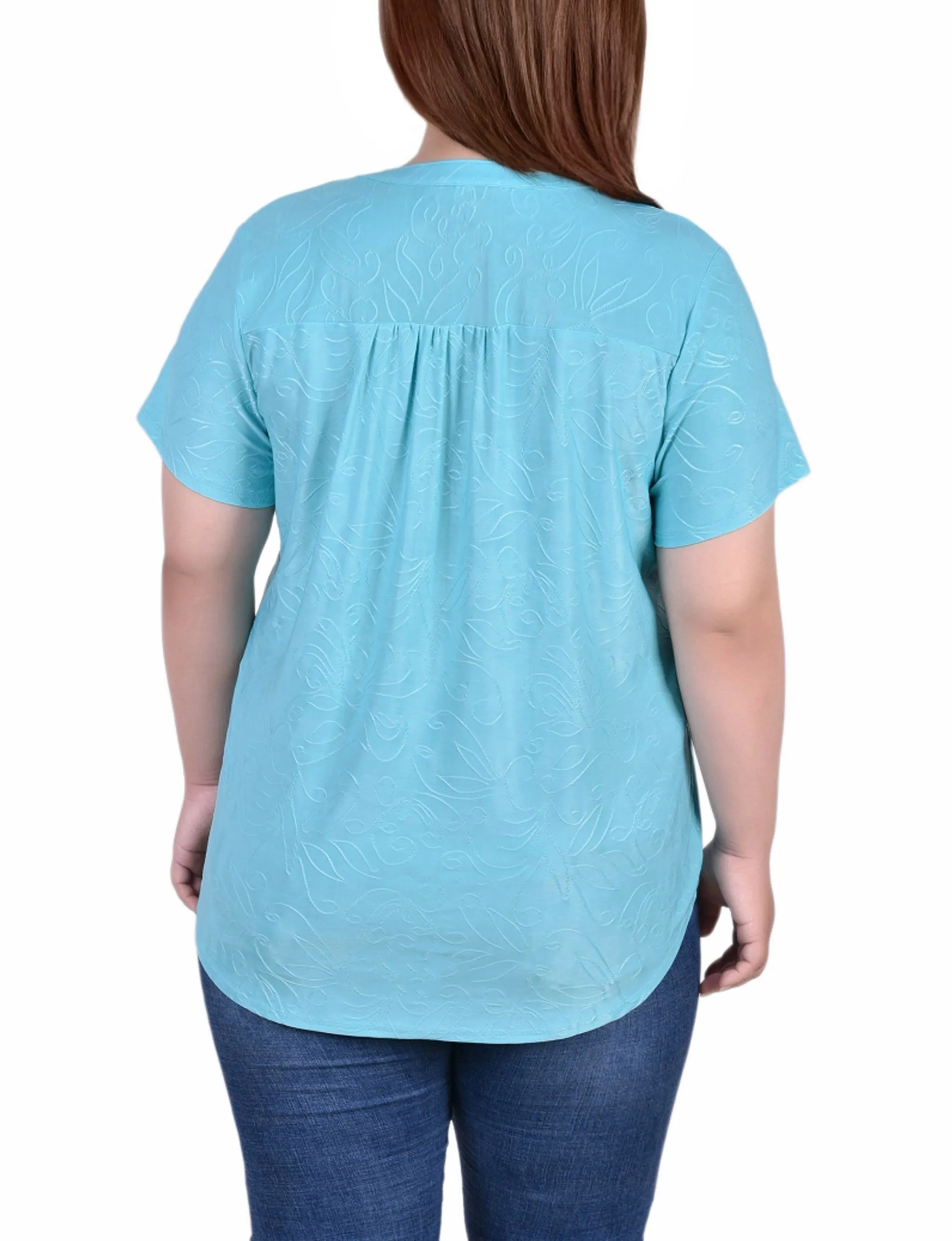 Plus Size Short Sleeve Y Neck Jacquard Knit Top