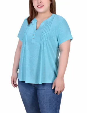 Plus Size Short Sleeve Y Neck Jacquard Knit Top