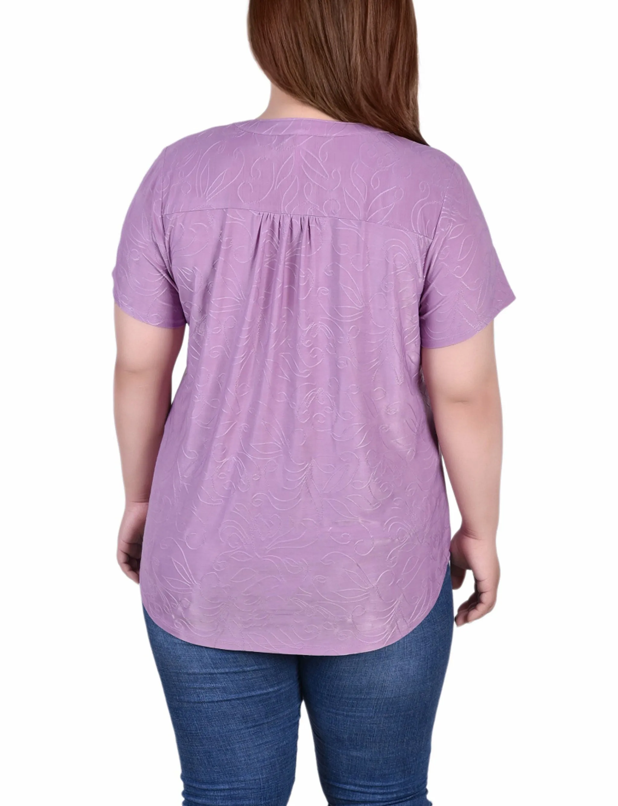 Plus Size Short Sleeve Y Neck Jacquard Knit Top
