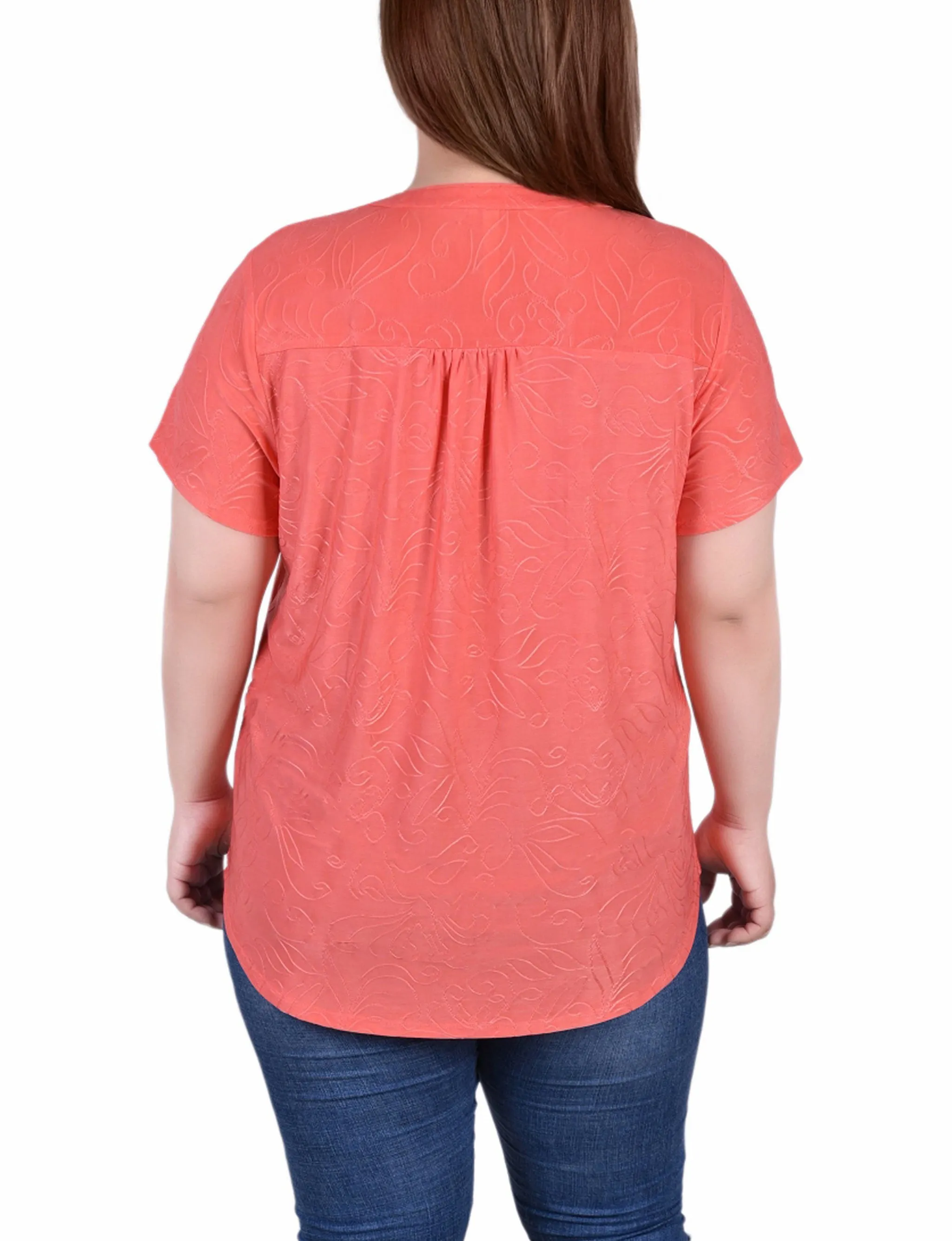 Plus Size Short Sleeve Y Neck Jacquard Knit Top