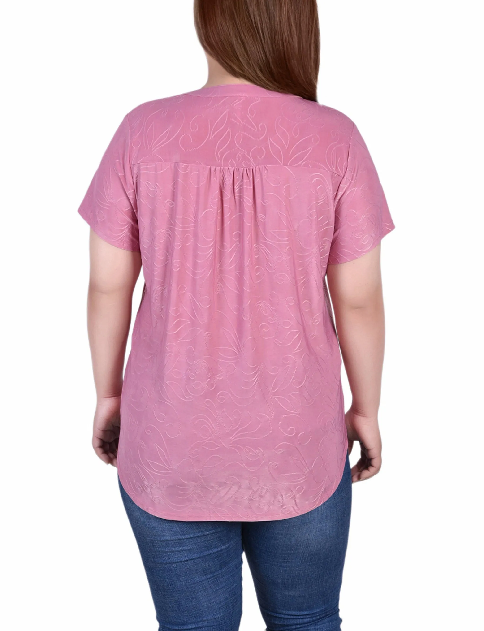 Plus Size Short Sleeve Y Neck Jacquard Knit Top