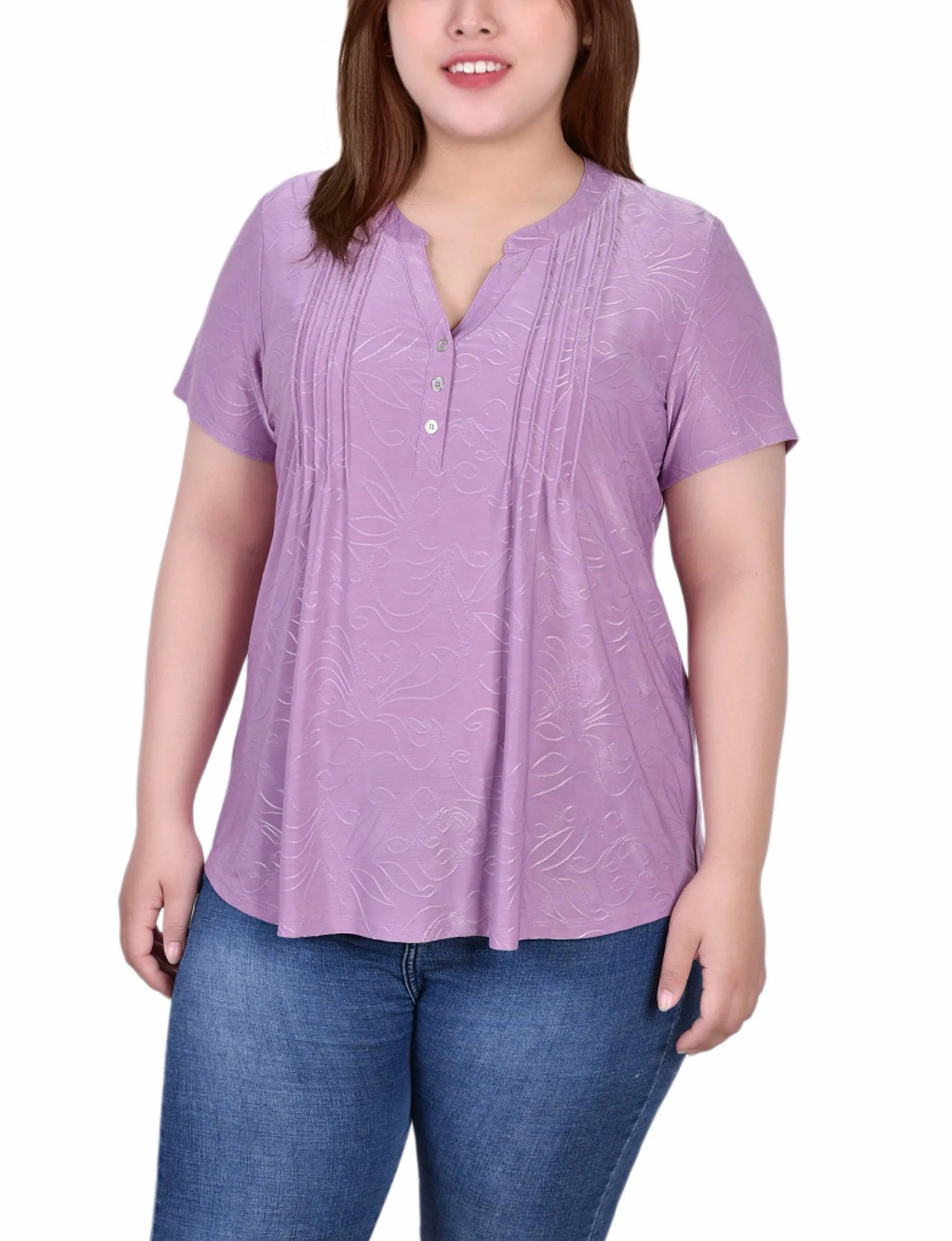 Plus Size Short Sleeve Y Neck Jacquard Knit Top