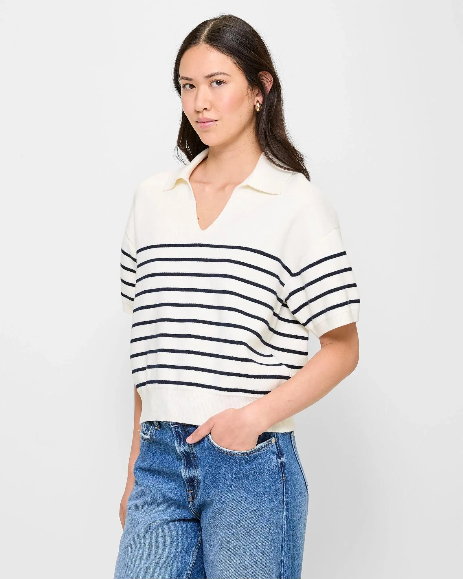 popular  Australian Cotton Breton Stripe Knit Polo Top