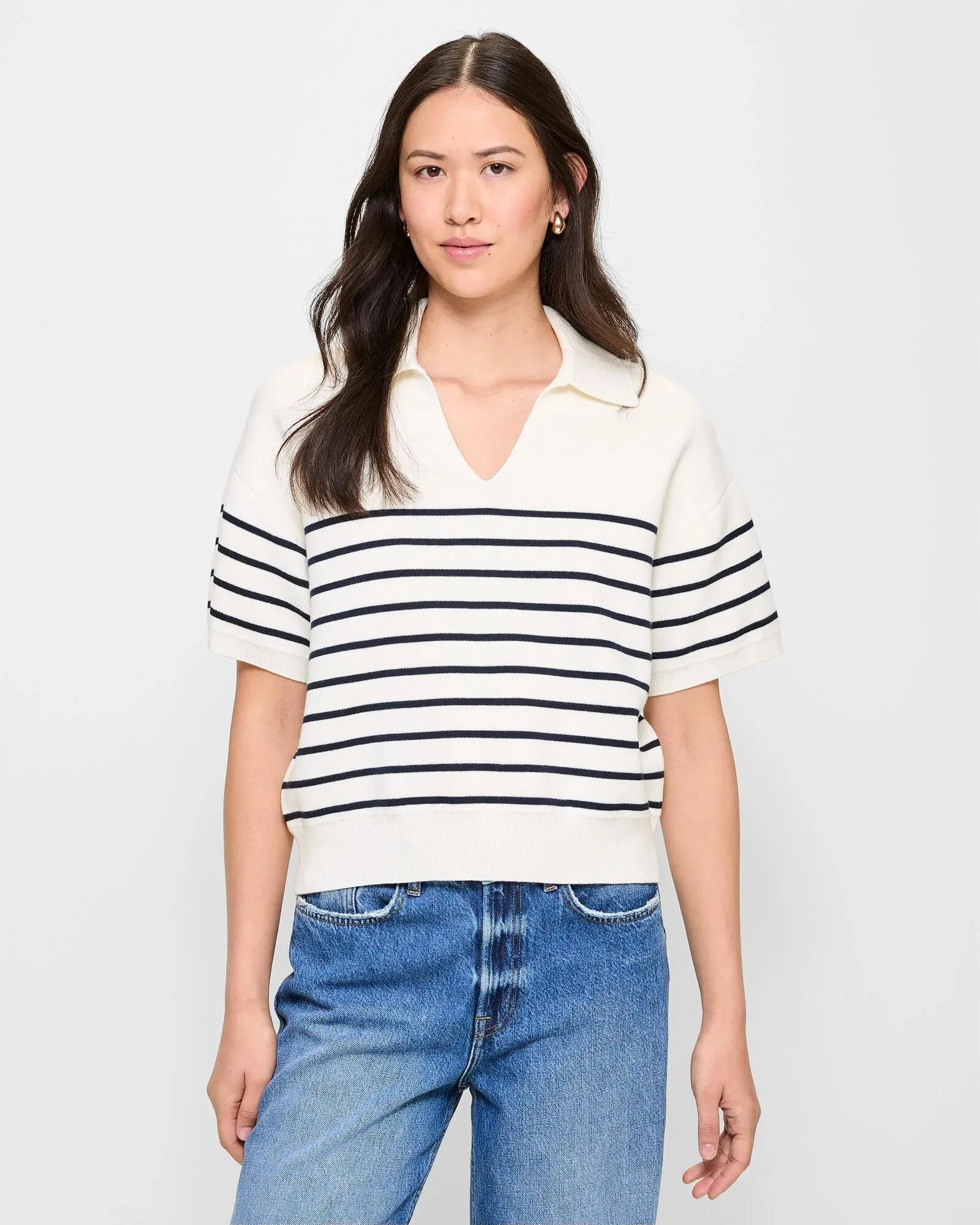 popular  Australian Cotton Breton Stripe Knit Polo Top