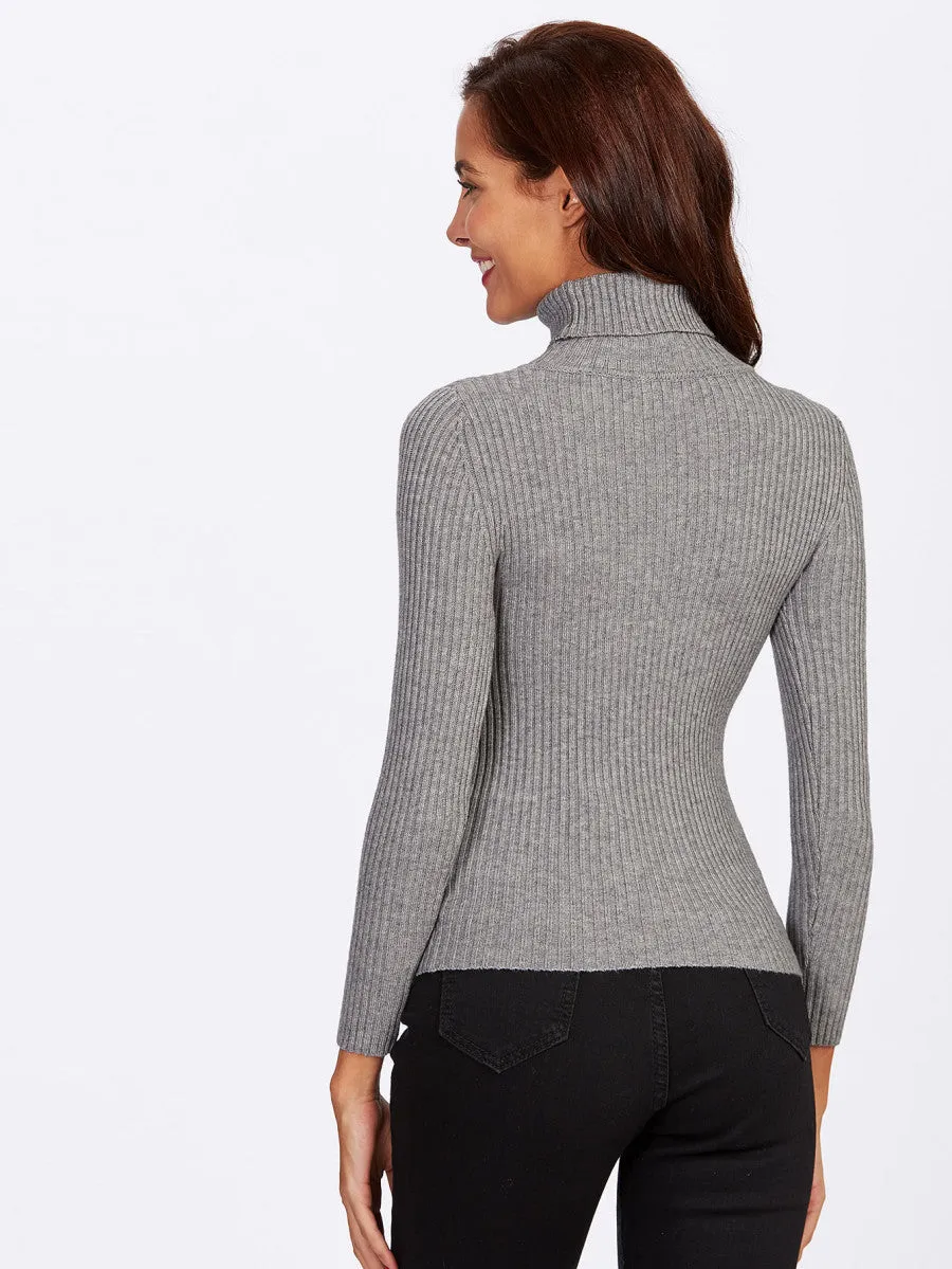 Rolled Neck Ribbed Knit Fitting Sweater