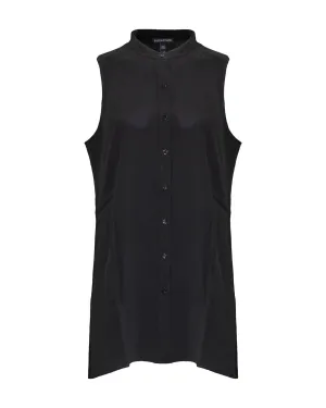 Silk Mandarin Collar Sleeveless Shirt Black