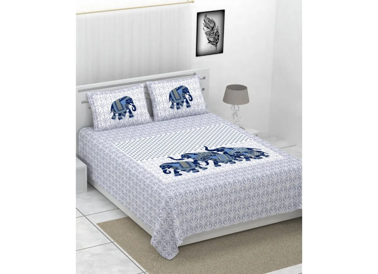 Soothing Sea Blue & Beautiful Blue Elephant Print King Size Cotton Bed Sheet