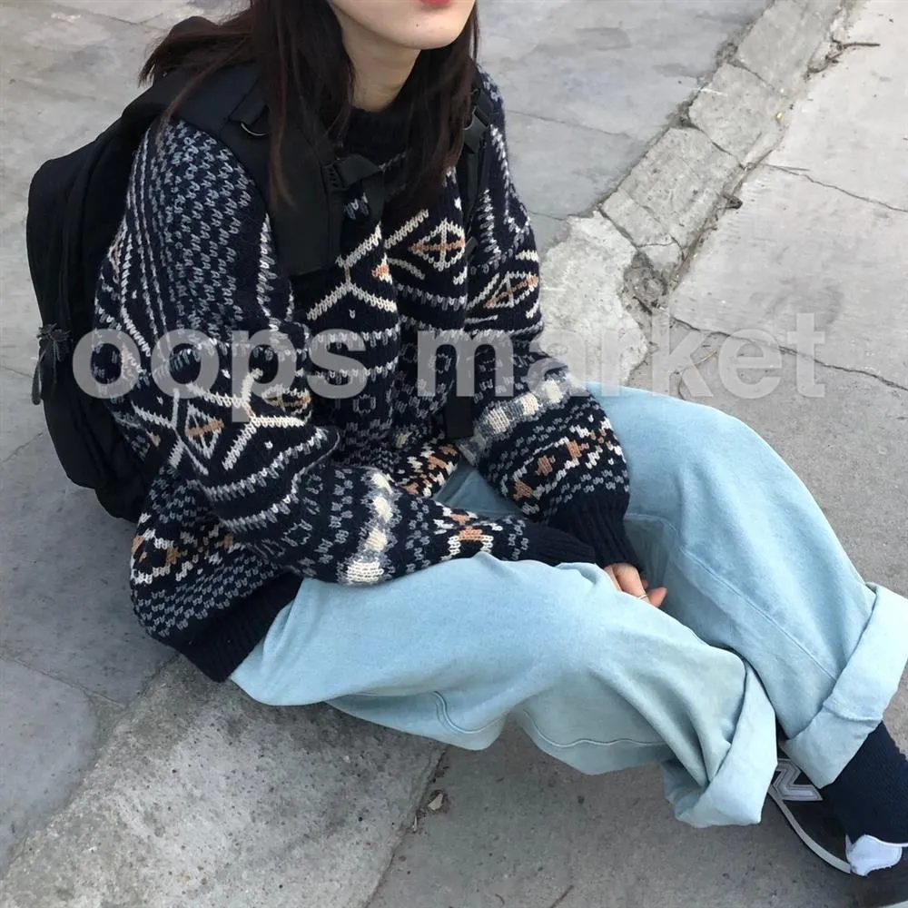 Sweaters Women Jacquard Knitted Casual Lady Pullover Sweater Female Autumn Winter Retro Loose All-match Harajuku Jumper