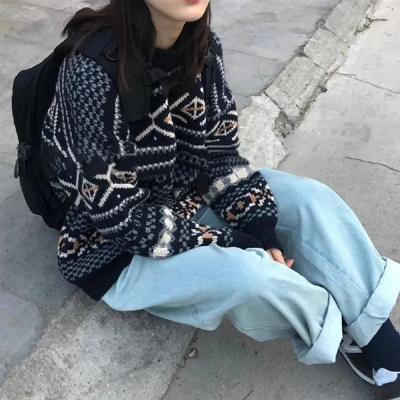 Sweaters Women Jacquard Knitted Casual Lady Pullover Sweater Female Autumn Winter Retro Loose All-match Harajuku Jumper
