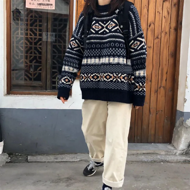 Sweaters Women Jacquard Knitted Casual Lady Pullover Sweater Female Autumn Winter Retro Loose All-match Harajuku Jumper