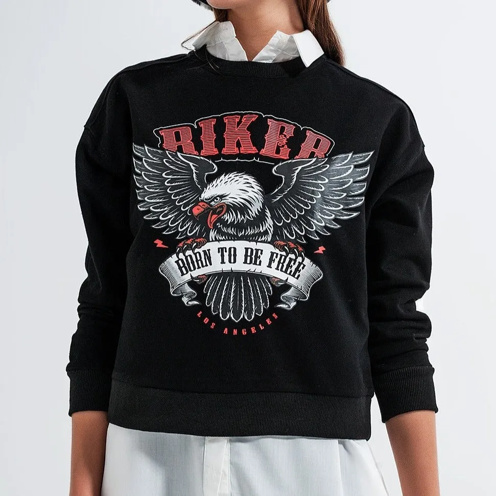 Sweatshirt in Black With Biker Print