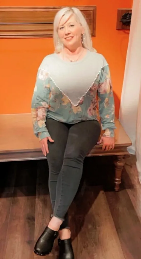 Teal Grey Knit Floral Top