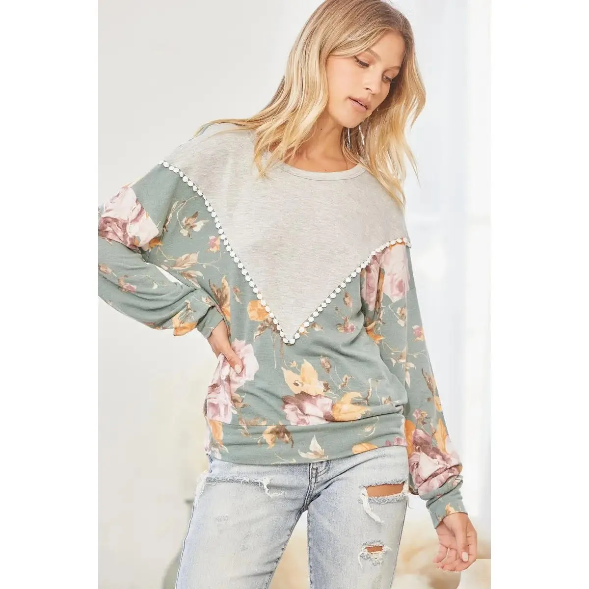 Teal Grey Knit Floral Top