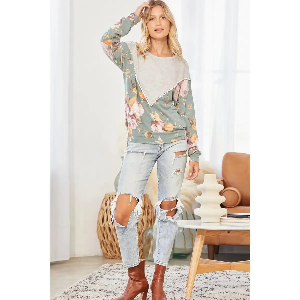 Teal Grey Knit Floral Top