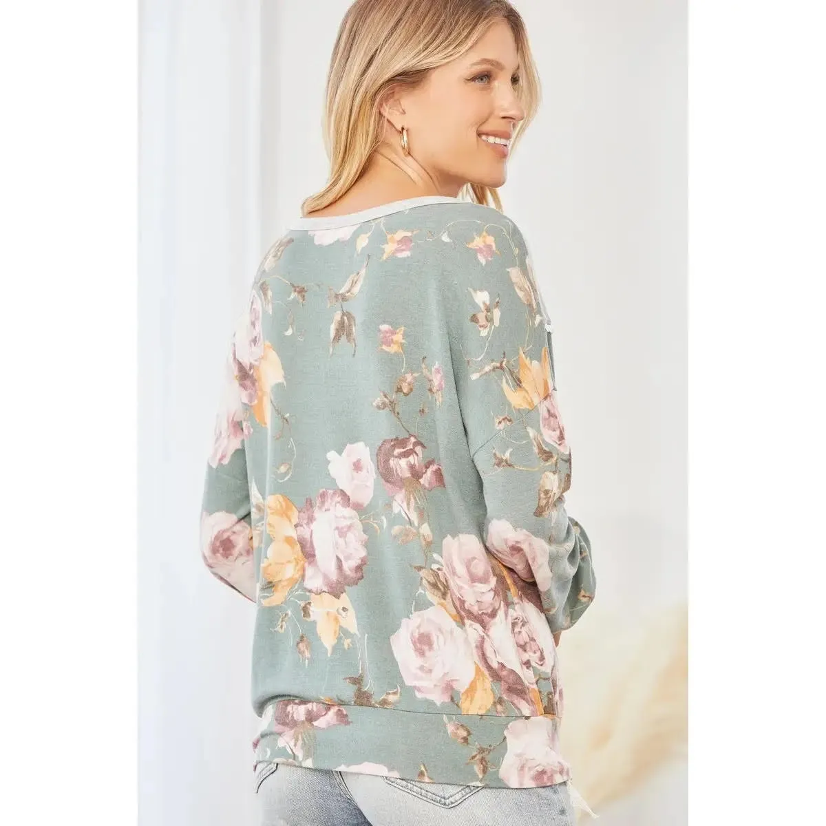 Teal Grey Knit Floral Top