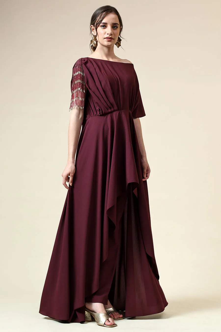 Wine Fringe Embellished Tunic Co-Ord Set