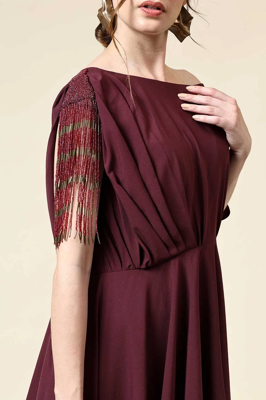 Wine Fringe Embellished Tunic Co-Ord Set