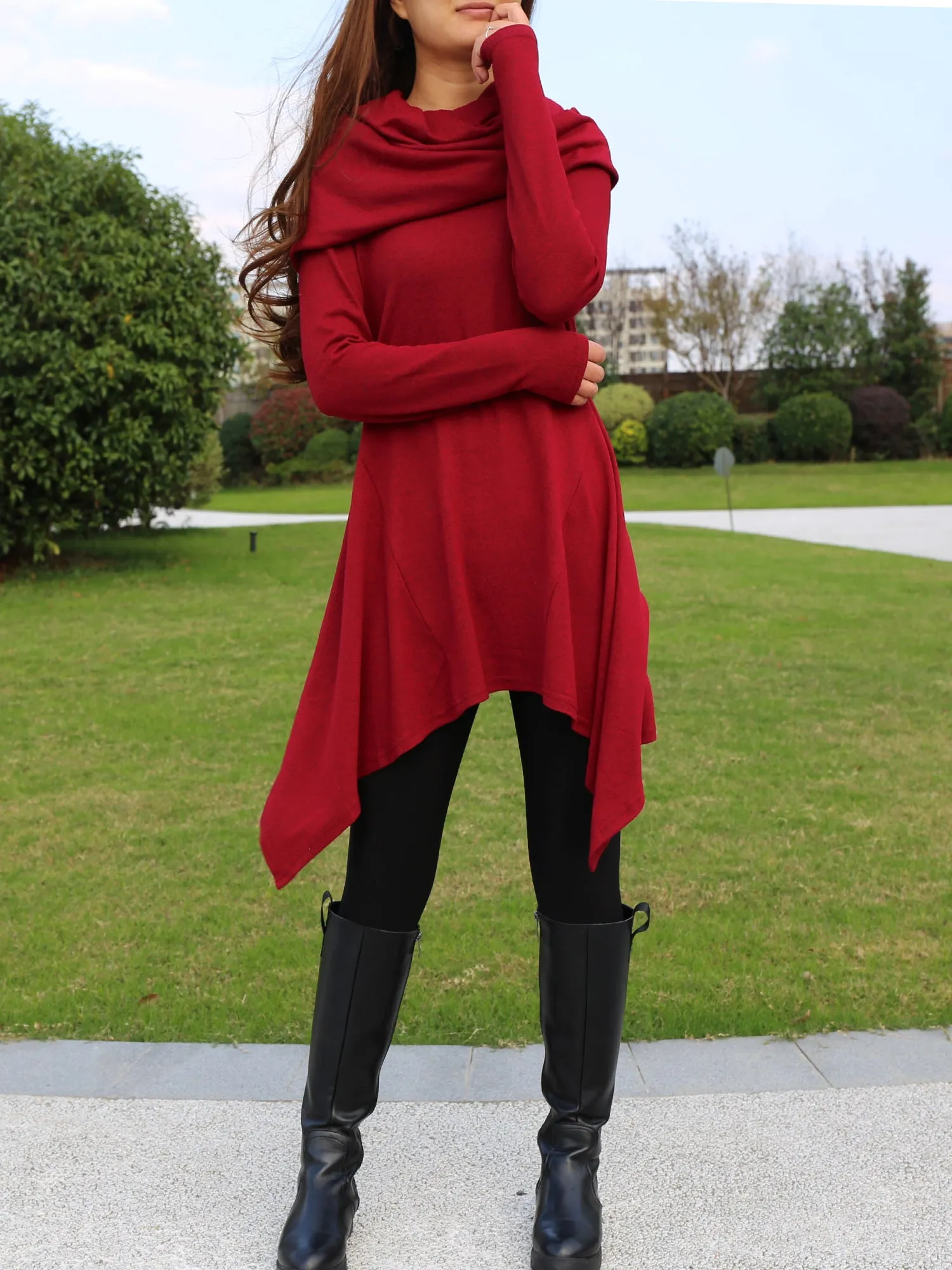 Women's shawl collar tunic dress/black red cotton dress/plus size sweater/oversized top/casual tunic top/maternity dress/asymmetrical shirt (Y1536)